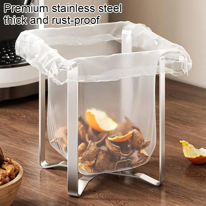 organiseur cuisine support sac poubelle acier inoxydable moderne minimaliste évier restes alimentaires transparent