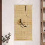 peinture suspendue chinois bambou fleurs insectes textes beige noir rouge vert