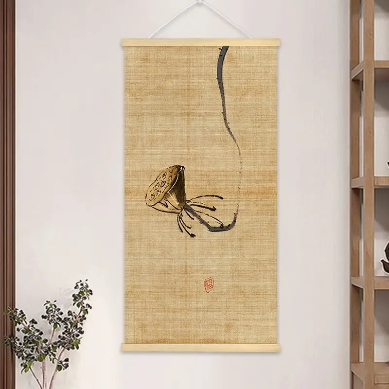 peinture suspendue chinois bambou fleurs insectes textes beige noir rouge vert