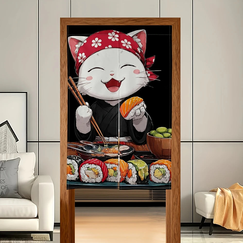 rideau cuisine japonais dessin animé chats souriants sushi floral polyester durable