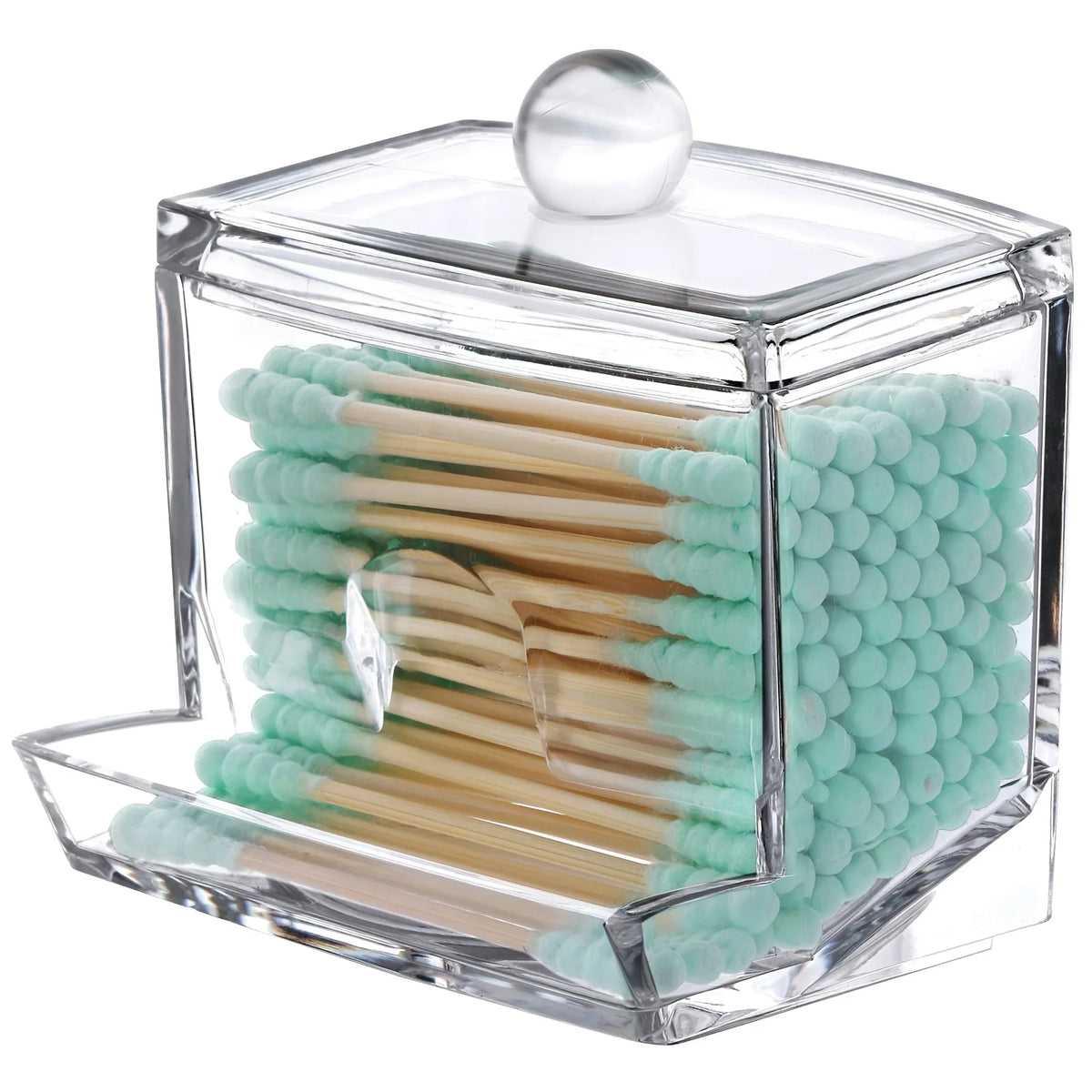 boîte coton tiges transparent bois moderne minimaliste rangement stock visible élégant pratique