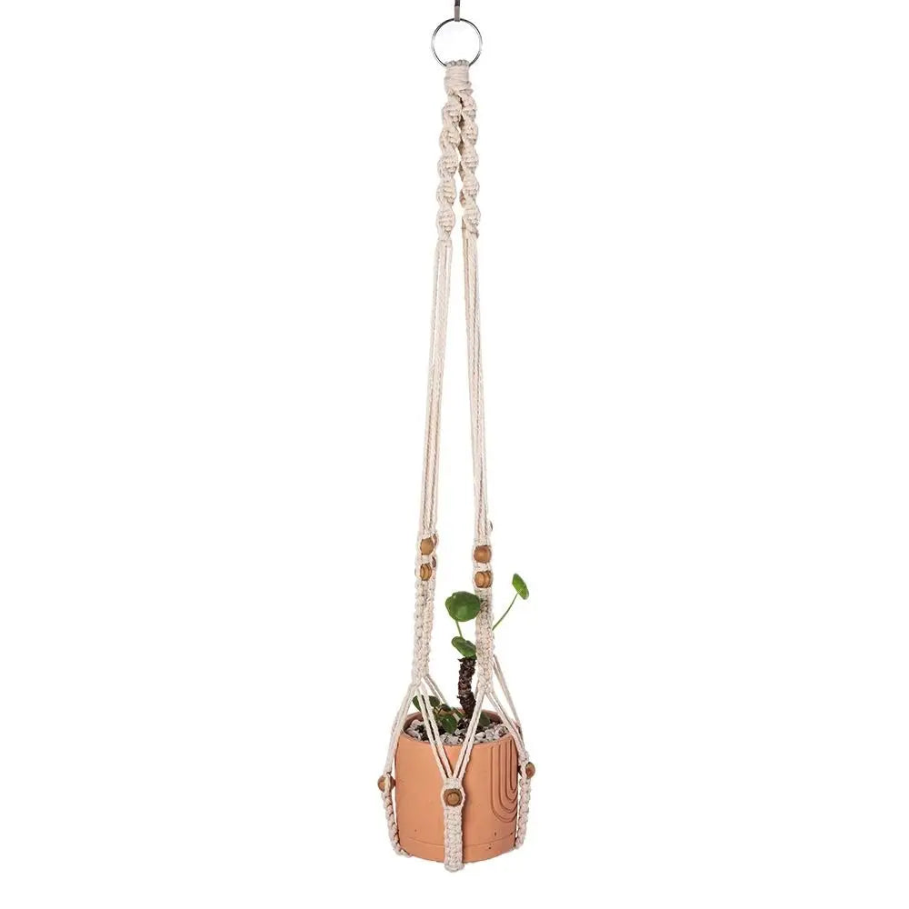 support plante suspendue macramé boho blanc beige noir artisanal anneaux métalliques pot plante