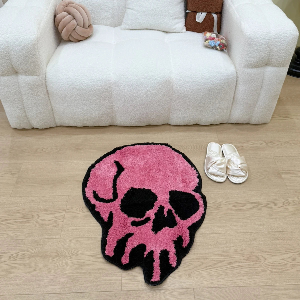 tapis rose crâne noir flocage antidérapant polyester moderne graphique chambre salon