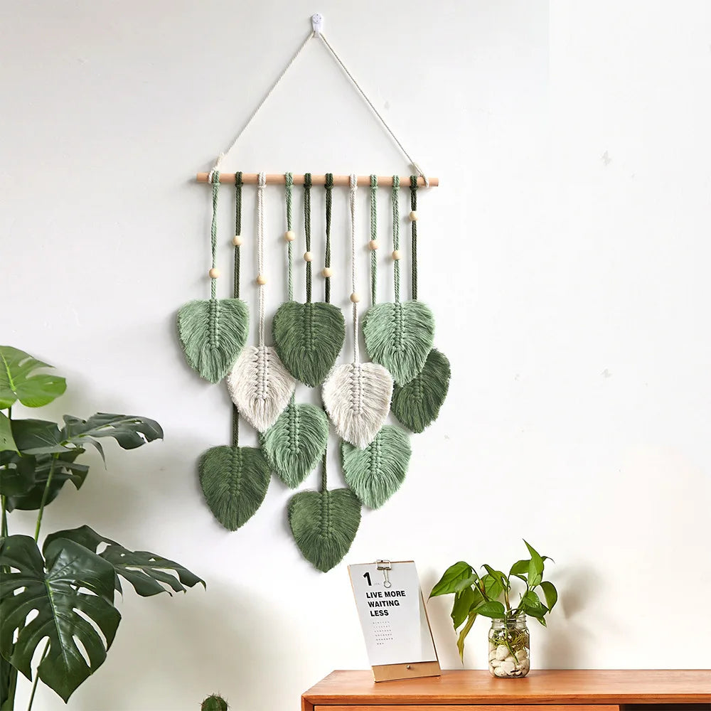 tapisserie murale coton feuilles stylisées vert blanc beige bohème moderne fixations decoration mur hanging
