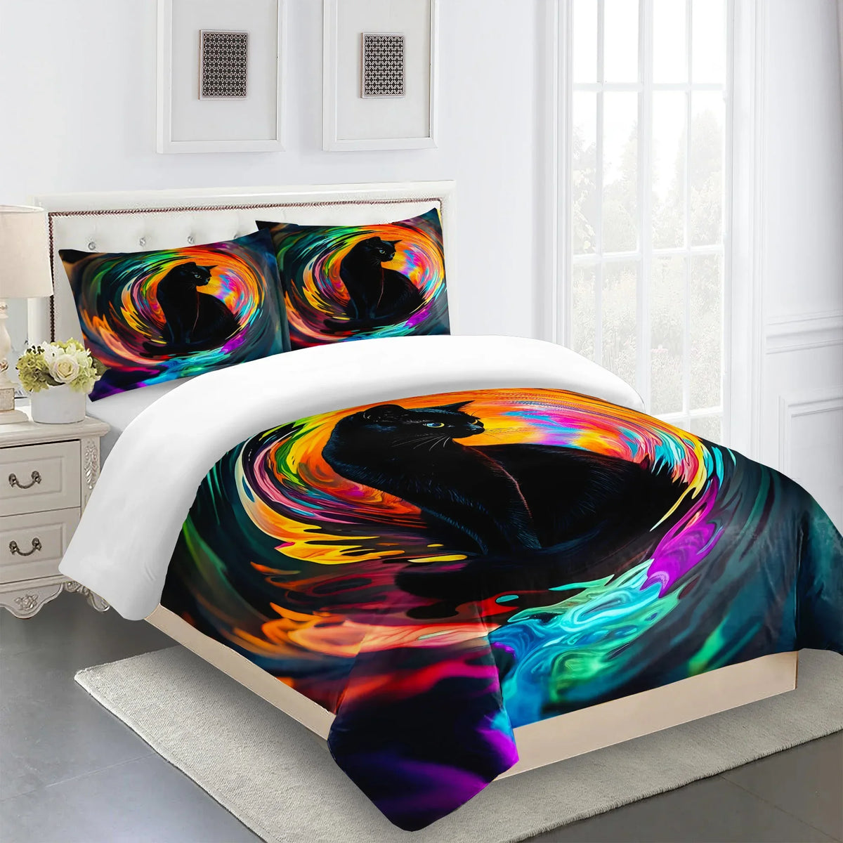 housse couette chat noir taies d'oreiller multicolore ensemble literie moderne fond abstrait cercles colorés