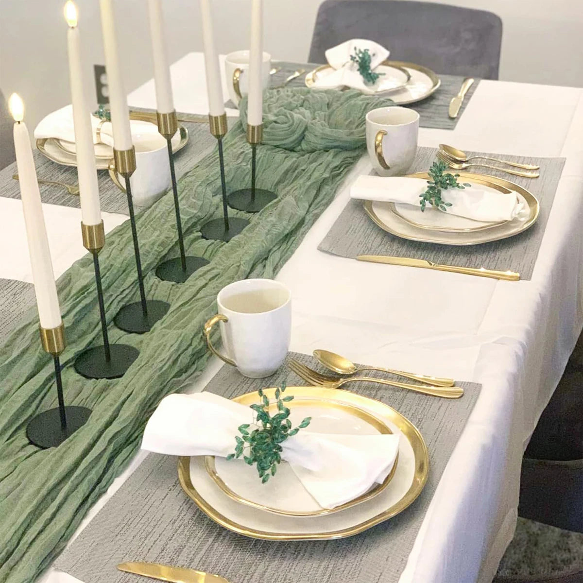 chemin table vert olive plissé décoration intérieure mariage festif 180x90cm polyester semi transparent événementiel