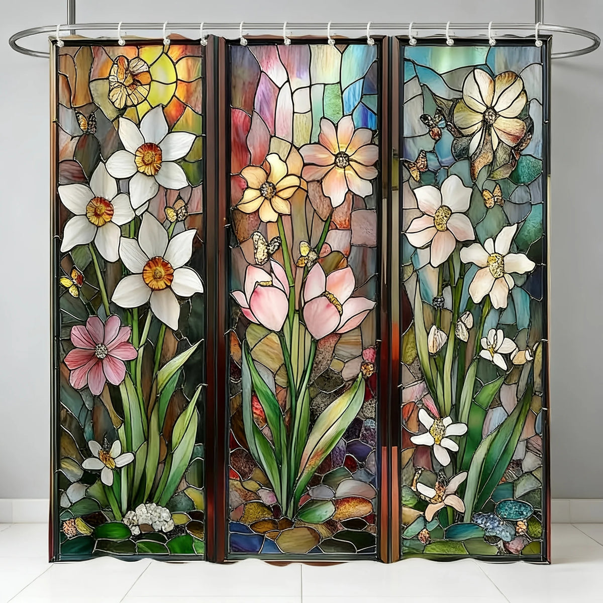rideau douche floral art deco multicolore crochets papillons opaques 180x120cm
