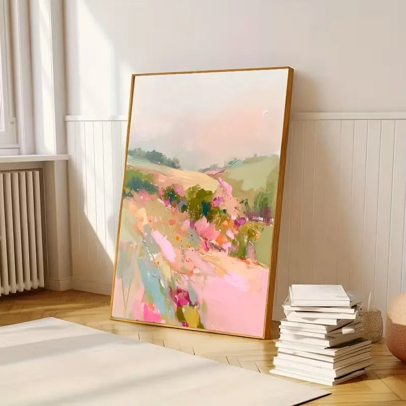 tableau abstrait moderne toile fleurs sauvages couleur rose vert beige gris blanc paysage impressionniste