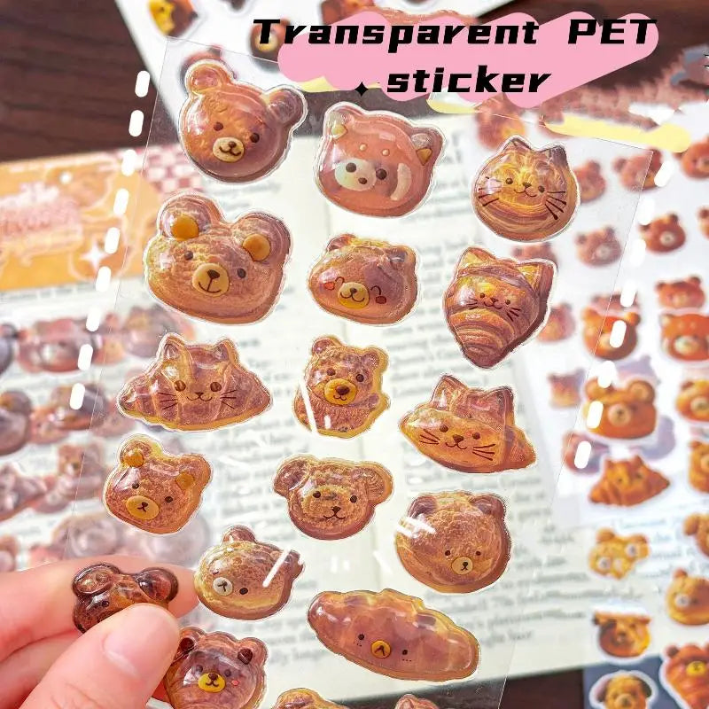 stickers 3d relief transparents pain ours bébé chat marron beige doré scrapbooking téléphone