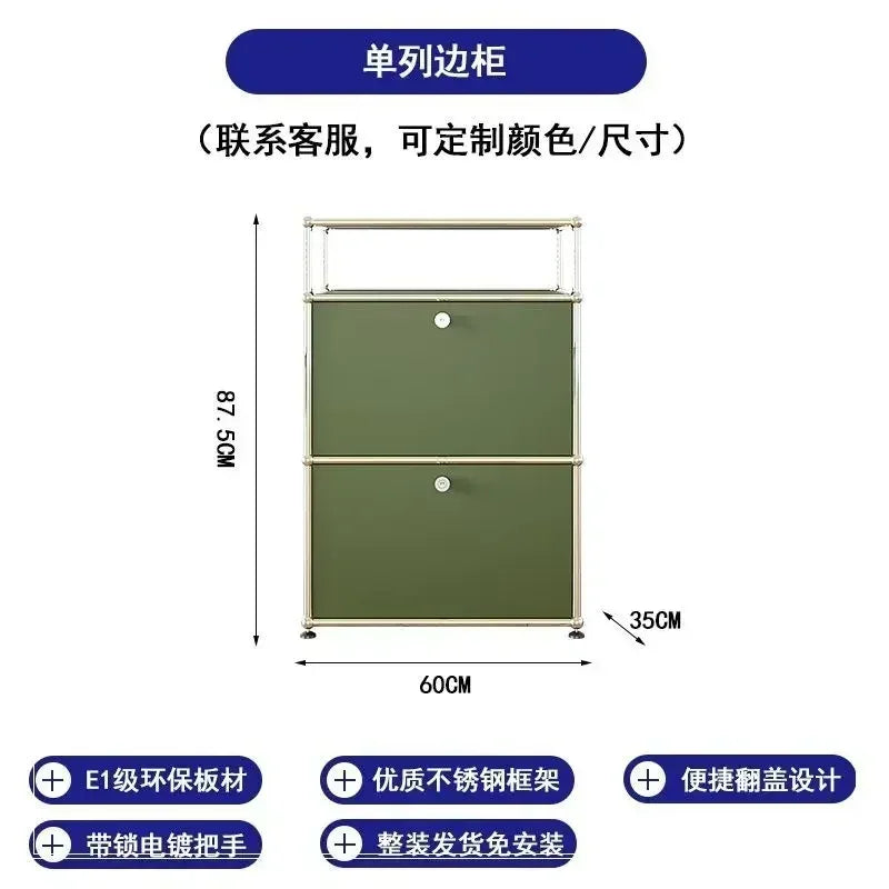 meuble tiroirs armoire salon vert olive moderne pieds ronds tiroirs bois métal