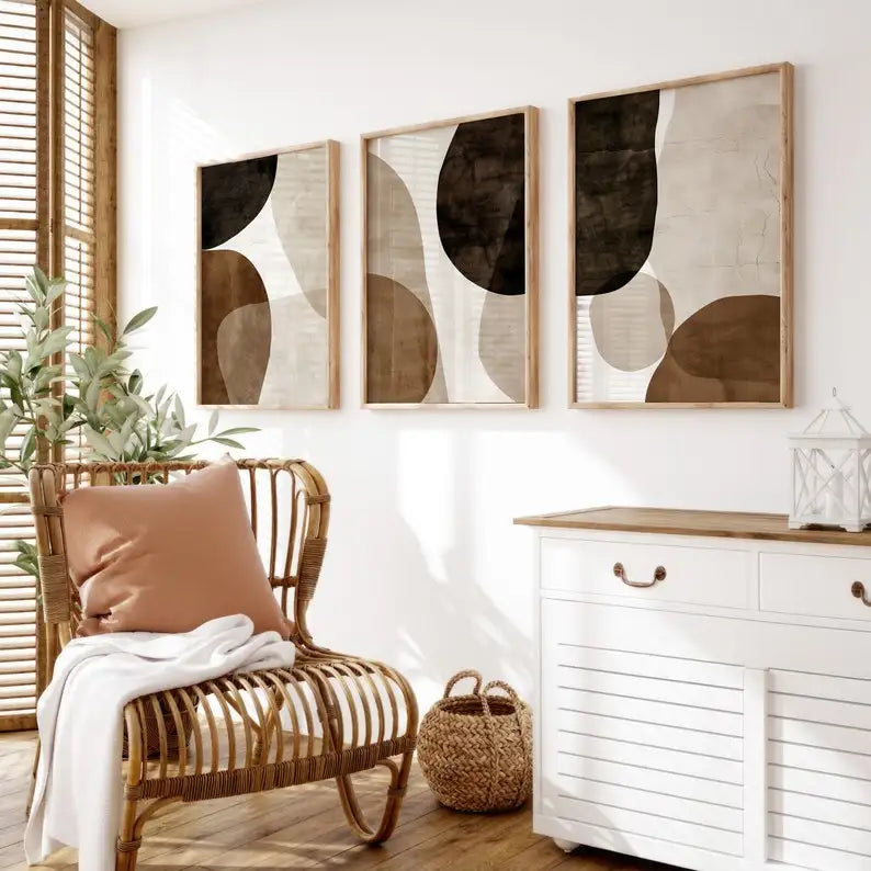 affiches abstraites modernes toile beige marron sans cadre ensemble trois impressions minimalistes