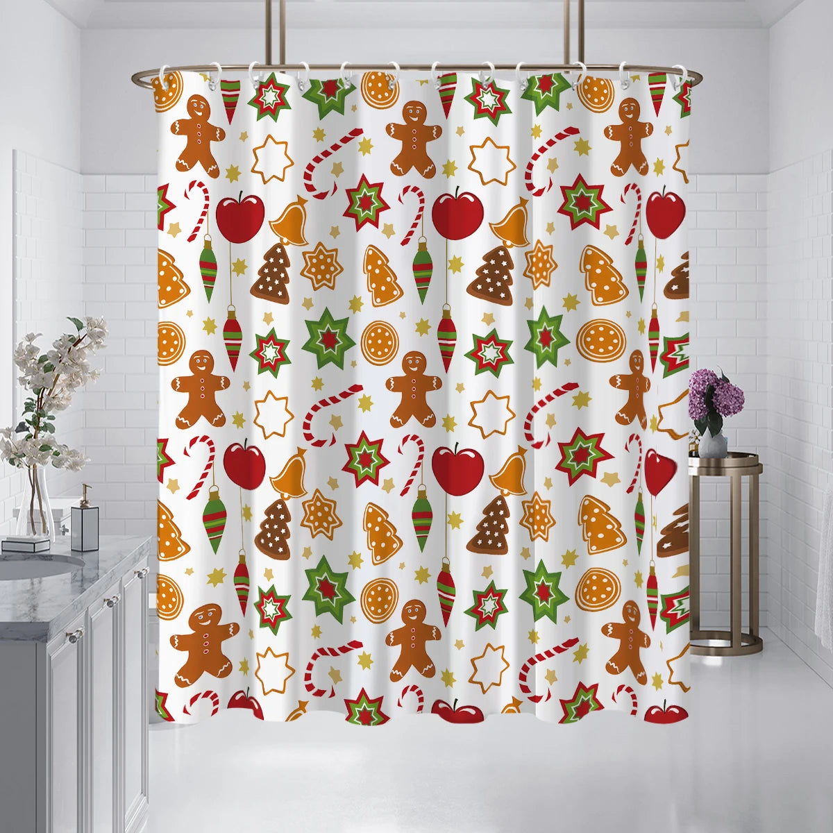 rideau douche noël biscuits décoration couleurs vives motifs joyeux 180x180cm polyester