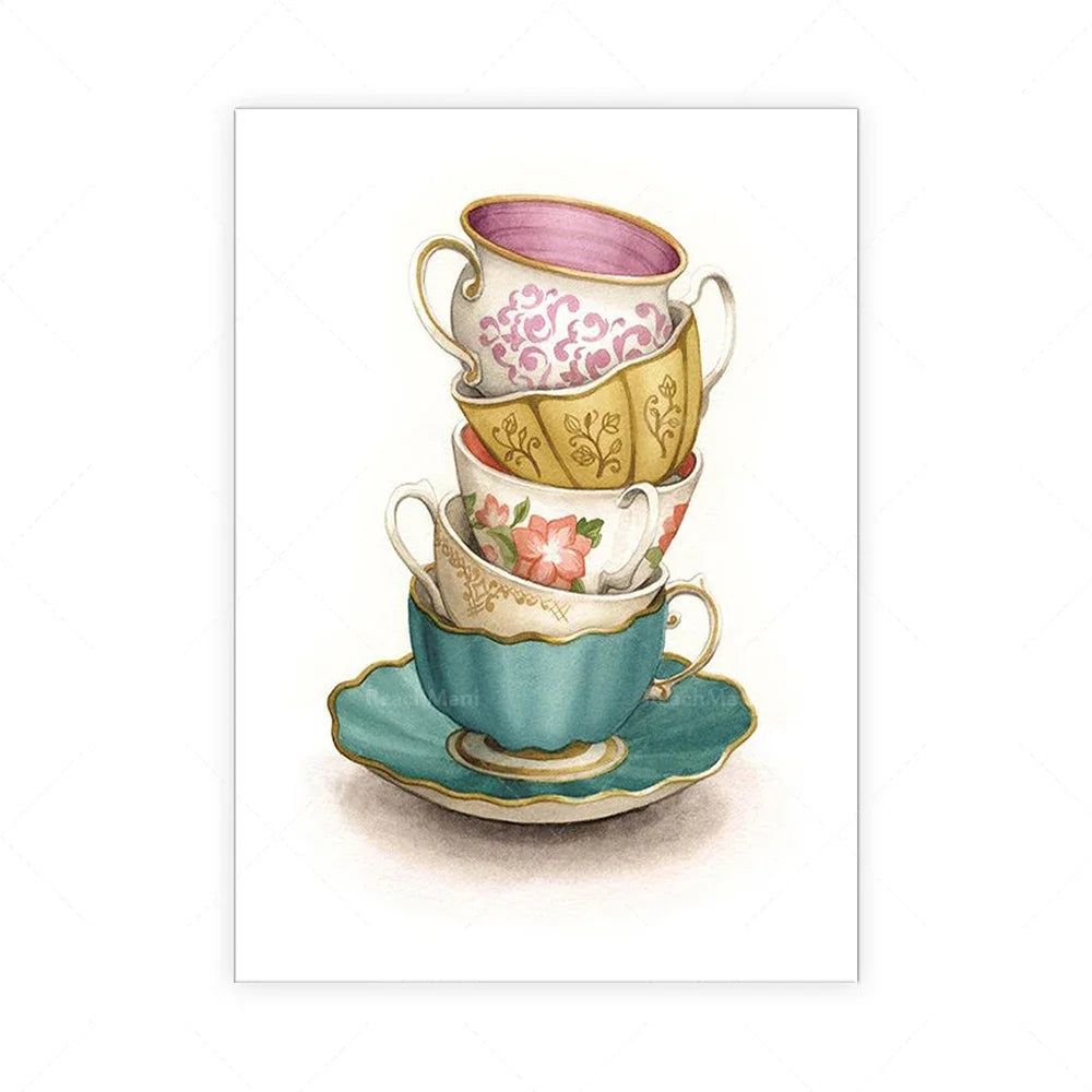 Élégante pile de tasses à thé décorées de motifs floraux, avec des couleurs pastel et des touches dorées qui ajoutent une touche de raffinement.
