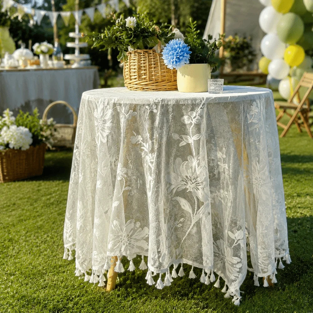 nappe table blanche boho chic broderie florale semi transparente réutilisable 140x150cm 150x200cm 150x90cm 180x150cm