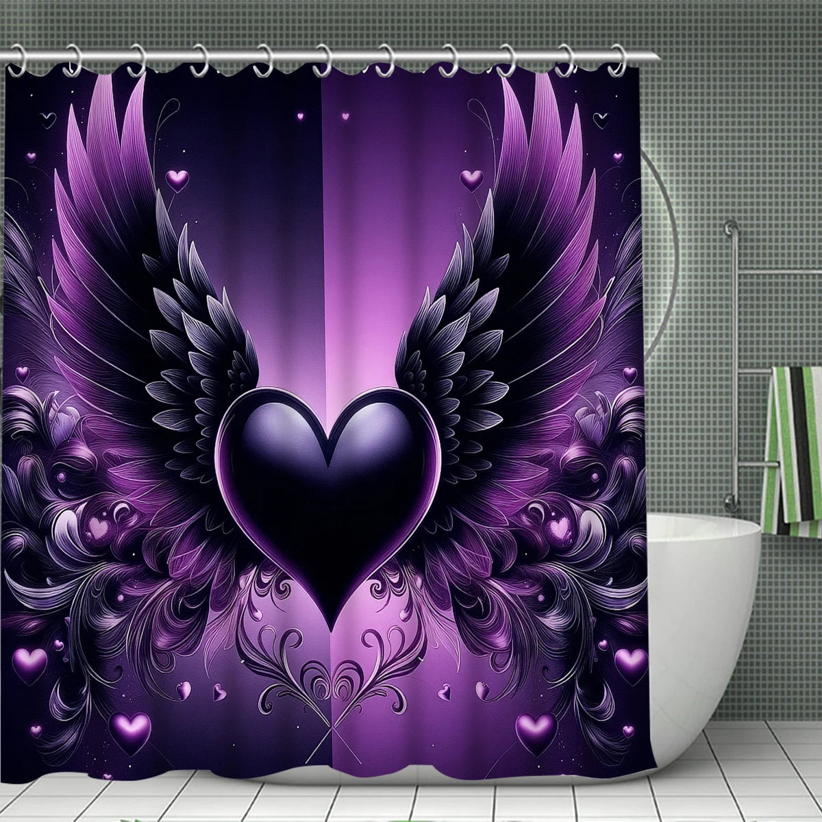 rideau douche violettes ailes coeurs tapis bain imperméable gothique fantaisie