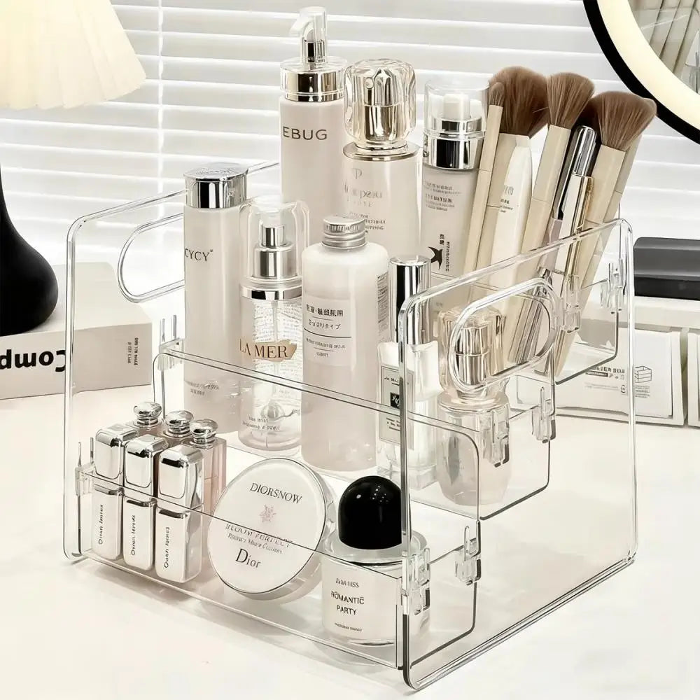 présentoir cosmétique transparent moderne brosse maquillage poudre crème solaire parfums poignées rangement minimaliste