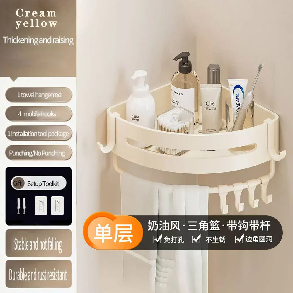 étagère murale triangulaire salle bain gris métal crochets rangement douche moderne autocollante