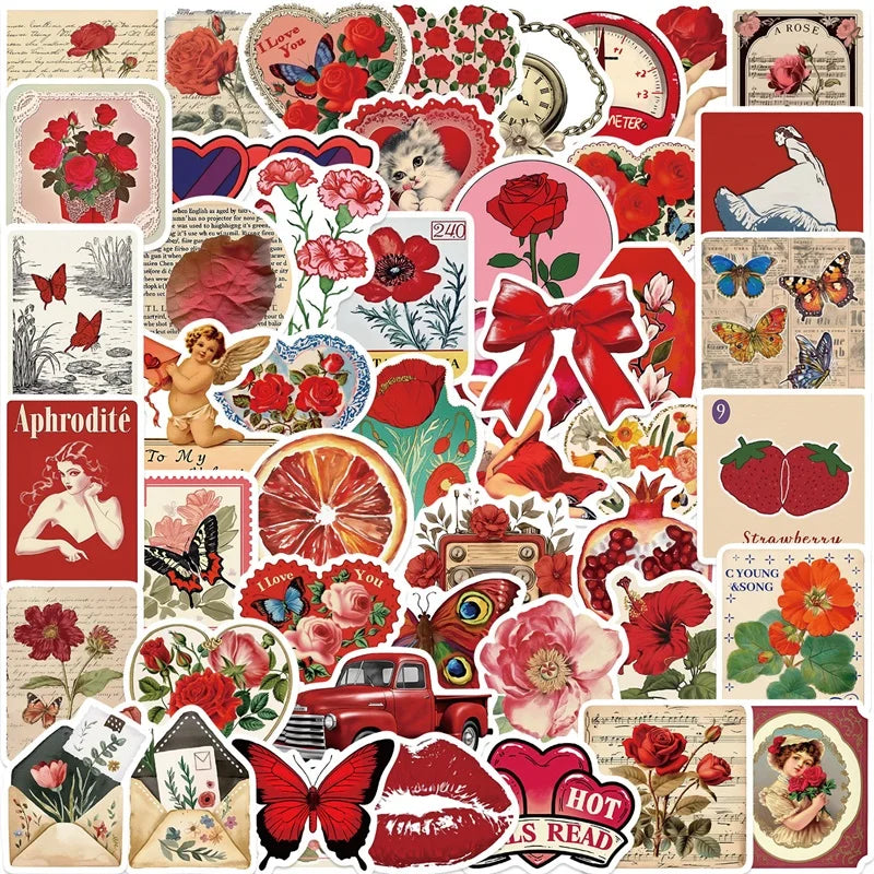 sticker vintage fleurs papillons coeurs blanc rouge enfants décoration scrapbooking fournitures scolaires