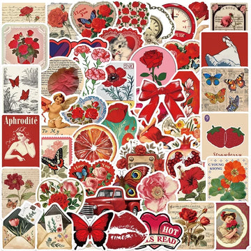 sticker vintage fleurs papillons coeurs blanc rouge enfants décoration scrapbooking fournitures scolaires