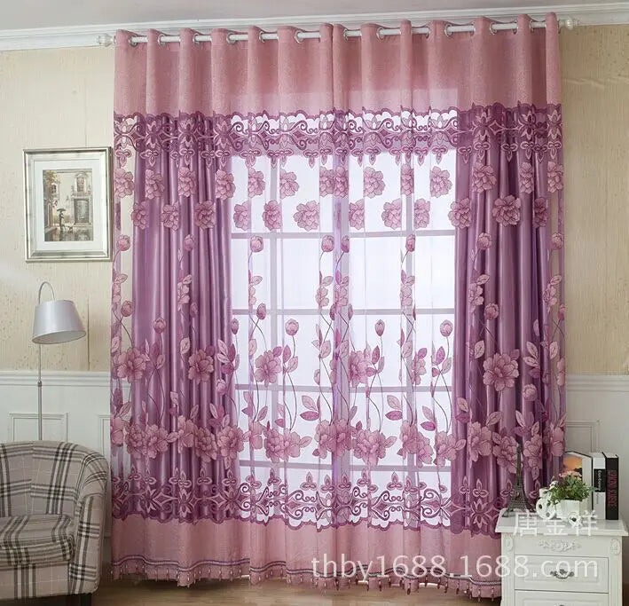 rideaux polonais floral translucides rose violet marron brodés chanvre romantiques salon chambre