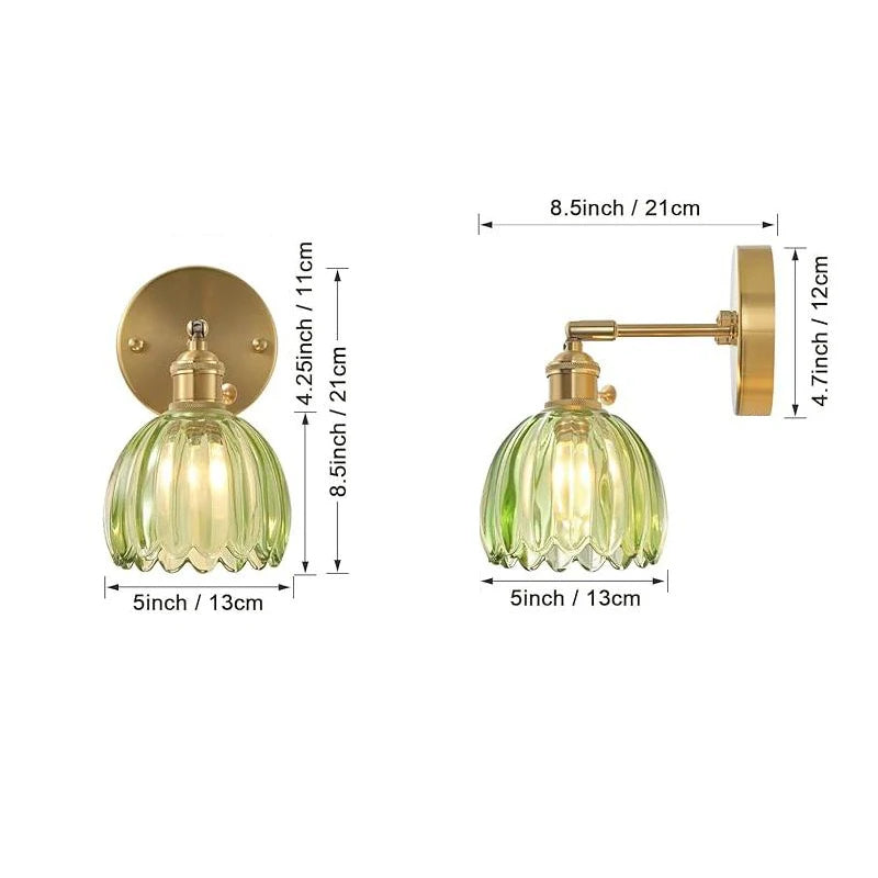 Lampe mur verte striée finition dorée vintage interrupteur on off