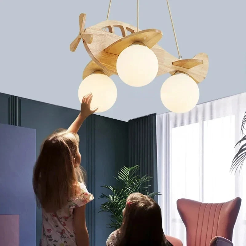 lampe suspendue avion bois moderne sphères translucides chambre salon tricolore blanc