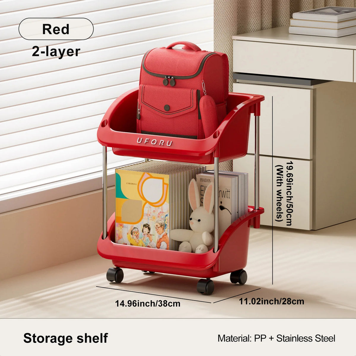 chariot rangement roulant stockage livres sacs dos organisation maison moderne vert rouge beige