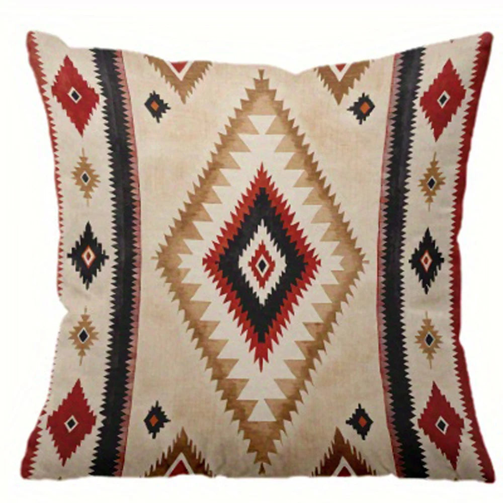 housse coussin motif aztèque ethnique beige bleu rouge noir marron polyester carré 45x45cm