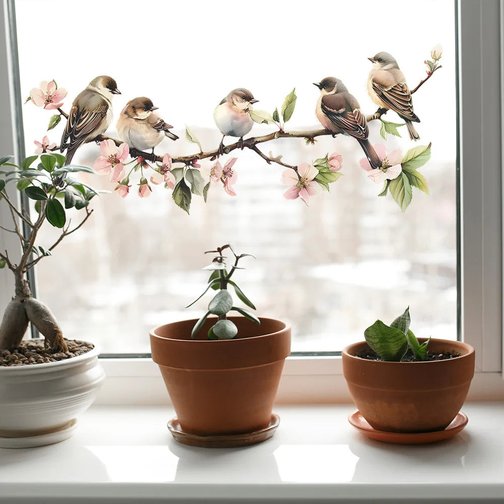 sticker mural multicolore oiseaux branches fleurs artiste clips