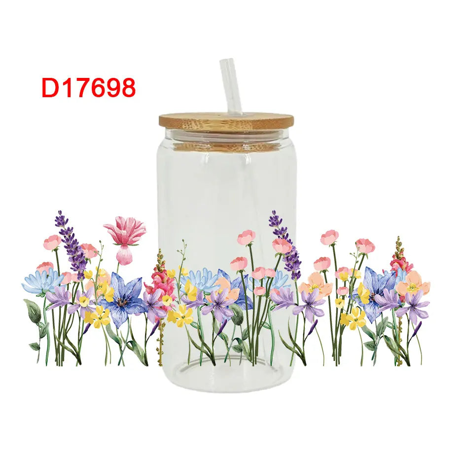 autocollants décoration diy fleurs illustration bocal verre transparent papillons roses lavande bois