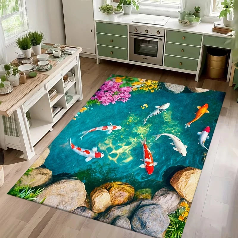tapis moderne poisson carpe roches eau vert orange salon maison prièreextérieur commercialisation