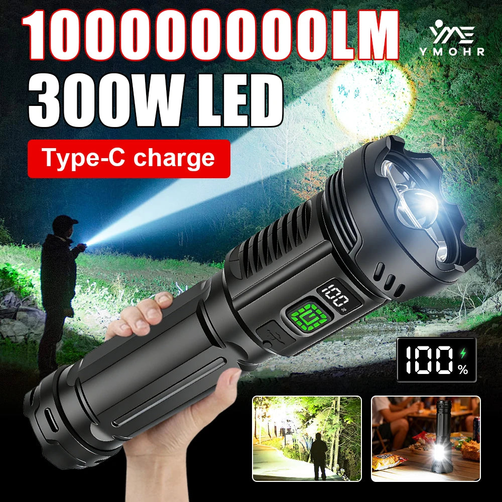 lampe torche rechargeable 300w led noire affichage numérique distance 50100mètres