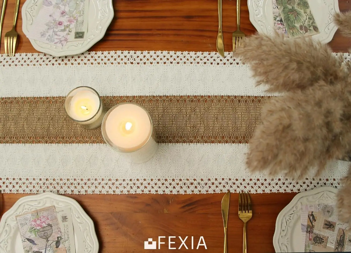 table cuisine bohème nappe rustique crème marron ajourées franges texturées lin polyester coton