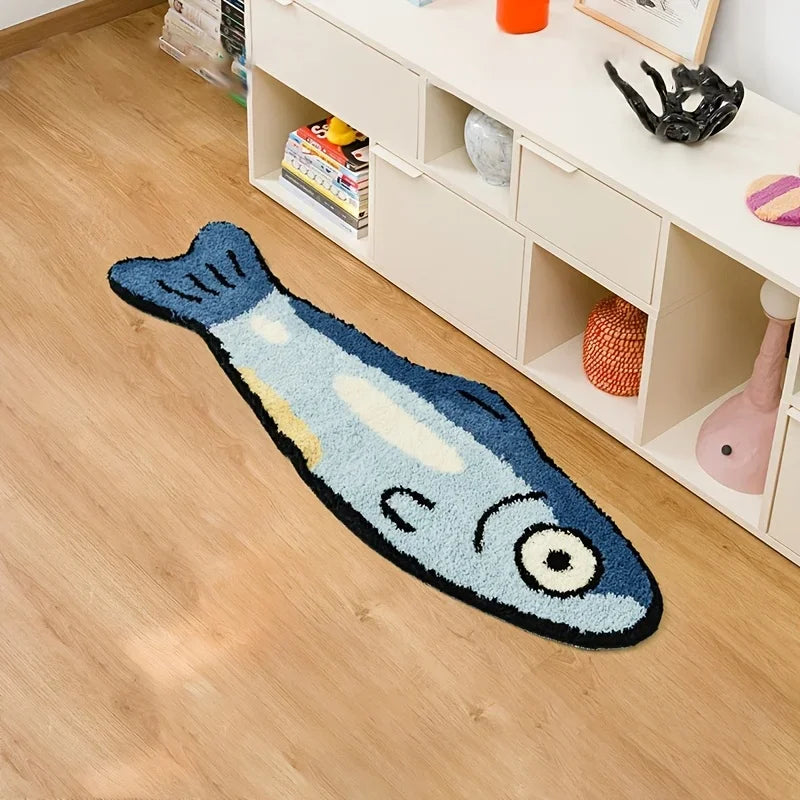 tapis poisson stylisé bleu blanc jaune moderne antidérapant polyester absorbant d'intérieur extérieur