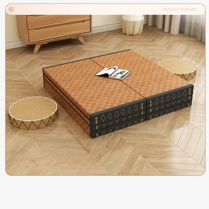 tapis pliable tissé géométrique moderne minimaliste marron clair noir coussins ronds