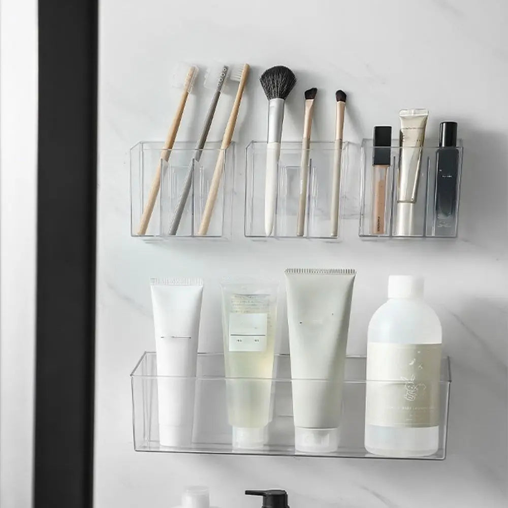 boîtes rangement murales transparentes adhésives modernes organisation cosmétiques médicaments brosse dents maquillage élégantes efficaces
