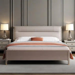 lit moderne bois beige gris orange tissu plissé oreiller couverture draps tapis