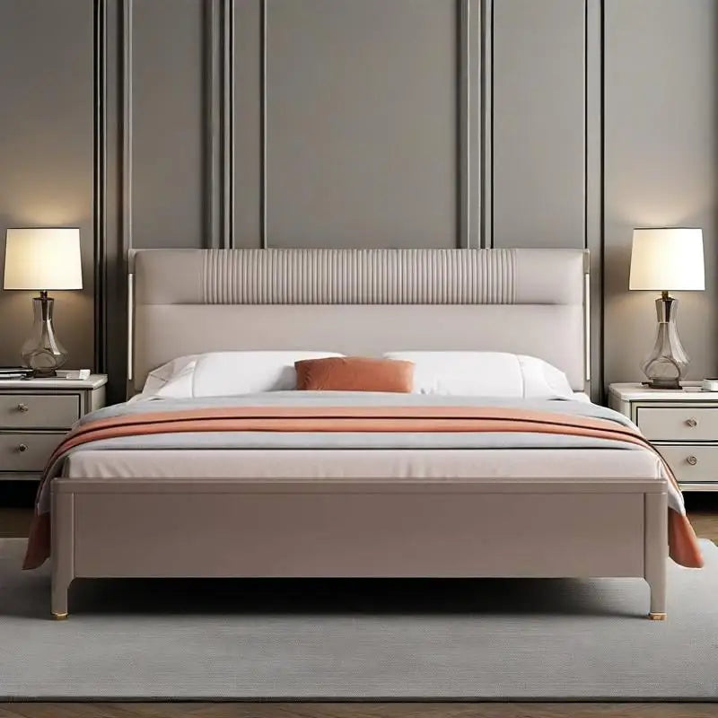 lit moderne bois beige gris orange tissu plissé oreiller couverture draps tapis