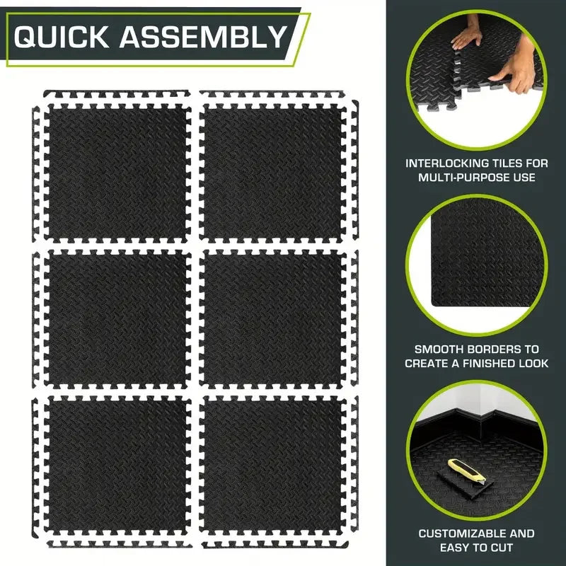 tapis fitness modulaires texturés diamant noirs absorbants chocs 30x28.5cm 10mm épissure