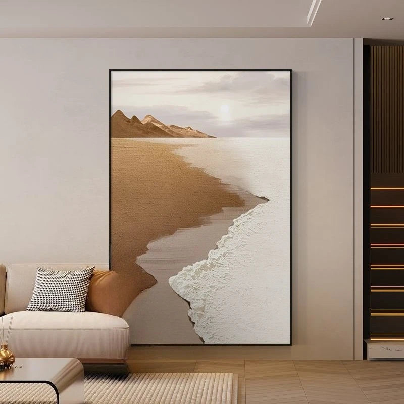 tableau abstrait paysage marin moderne beige gris blanc cadres bois toile aluminium chambre salon
