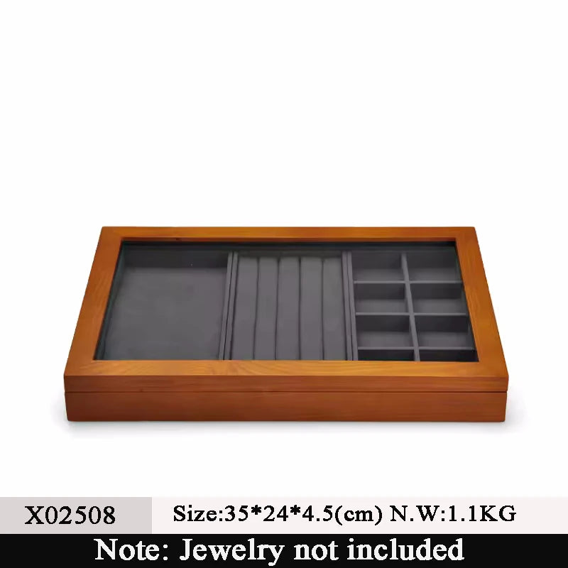 boîtes bijoux bois marron intérieur velours beige verre transparent contemporain minimaliste