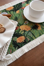 chemin table fleuri vert orange blanc tapisserie bordure frisée coton polyester
