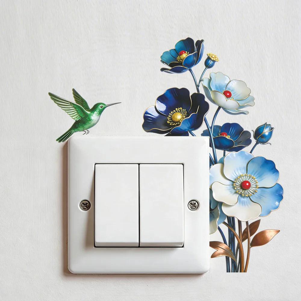 interrupteur mural adhésif fleurs bleues blanches oiseau vert moderne chambre salon salle bain