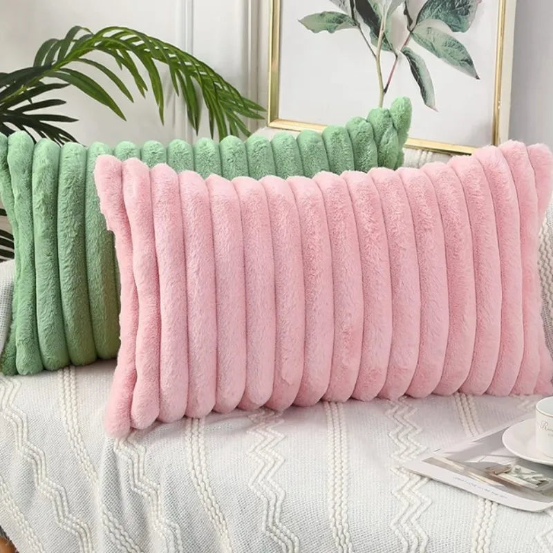 coussins rectangulaires pelucheux rayures horizontales vert pastel rose clair doux confortables adhésifs zippables adultes