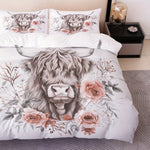 drap plat parure lit floral moderne illustration taureau fleurs roses feuilles vertes blanc gris