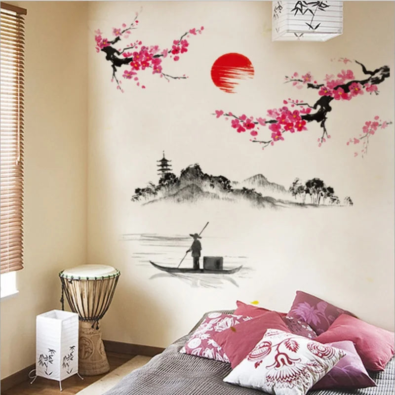 sticker mural fleurs cerisier montagnes soleil bateau pagode rouge noir blanc adhésif traditionnel japonais