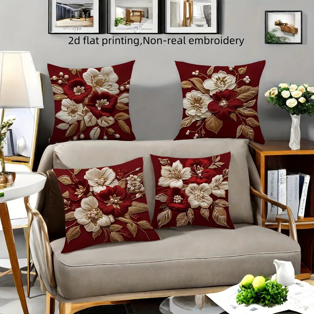 taies d'oreiller décoratives motif floral rouge bordeaux coussins carrés polyester 45x45cm décoration maison hospitalière