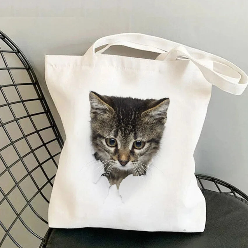 sac bandoulière toile imprimé chats blancs moderne décontracté sans fermeture éclair deux poignées détachables