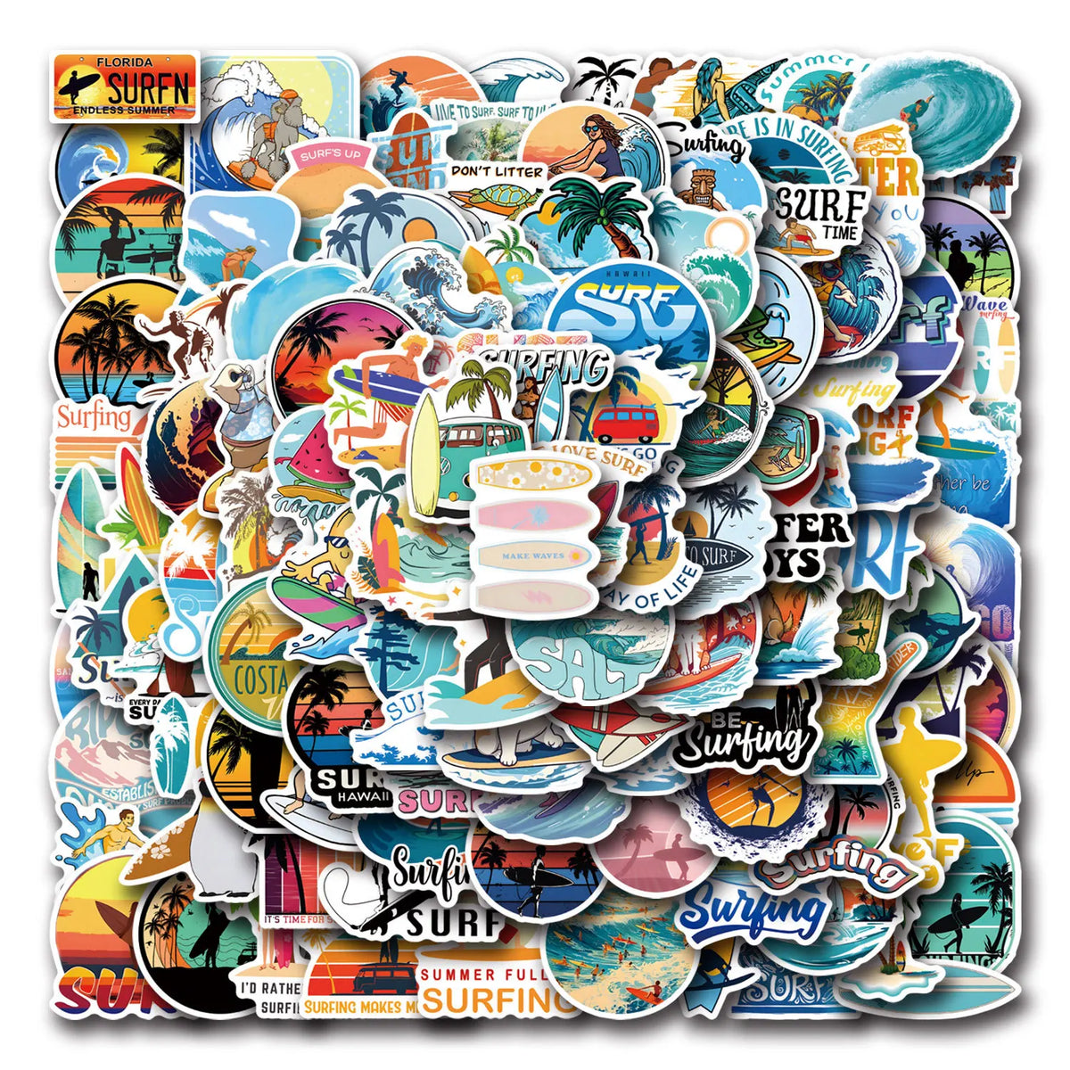 autocollants surf multicolores palmiers vagues coucher soleil adhésifs vintage rétro été plage