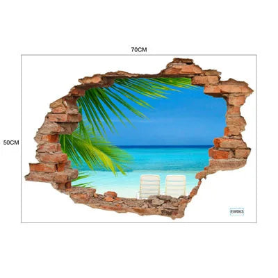 sticker mural 3d scène naturelle illusion optique adhésif multicolore coucher soleil océan planètes enfants